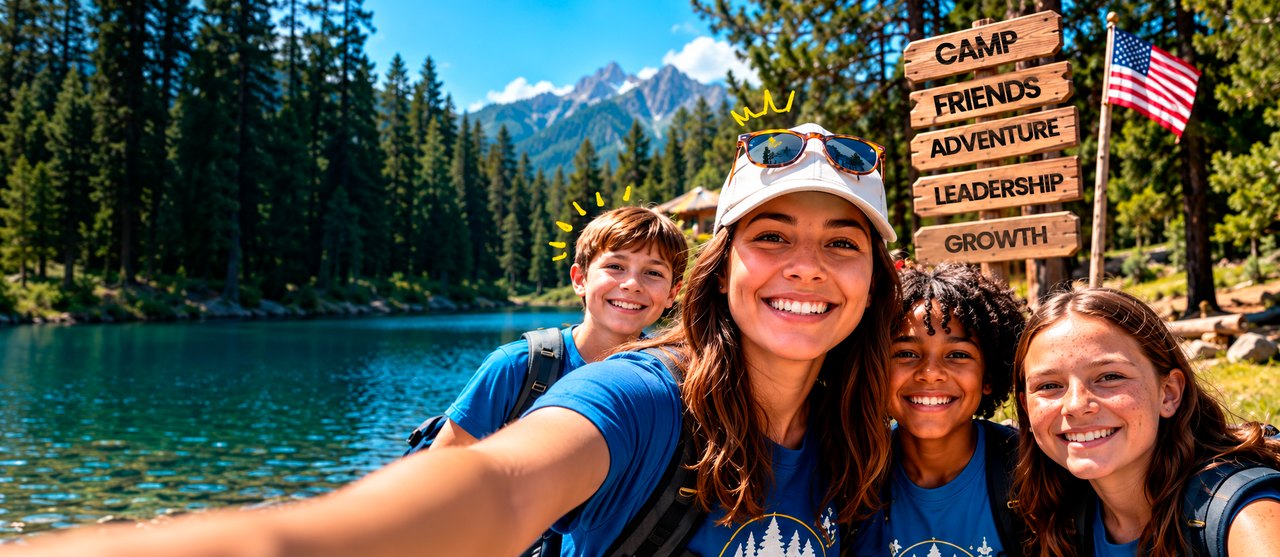 Ilustración de una consejera y jóvenes junto a un lago entre pinos, con un letrero de campamento, amistad, aventura, liderazgo y crecimiento.