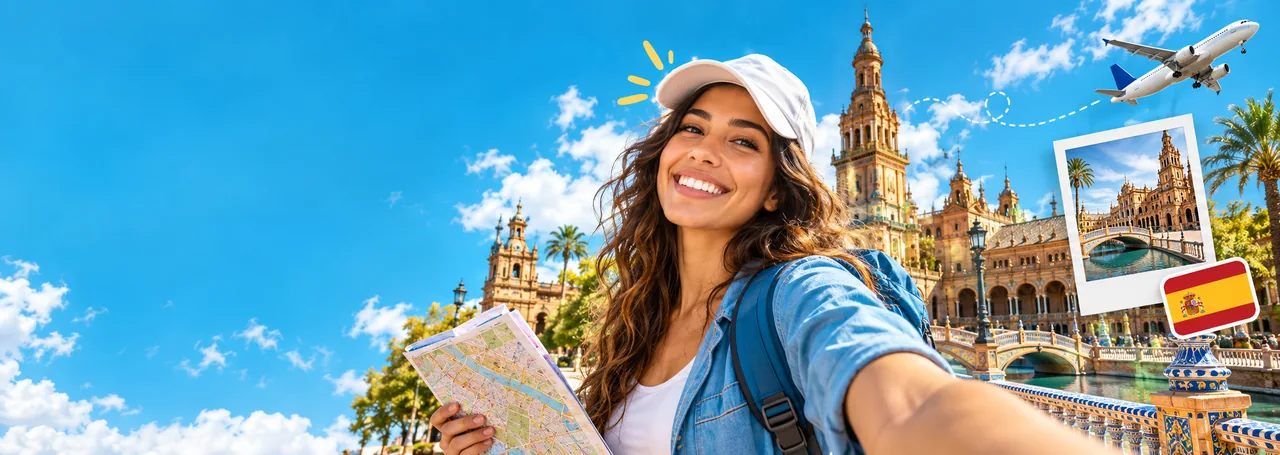 Illustration of a traveler with a map, Seville, an airplane and memories of Spain