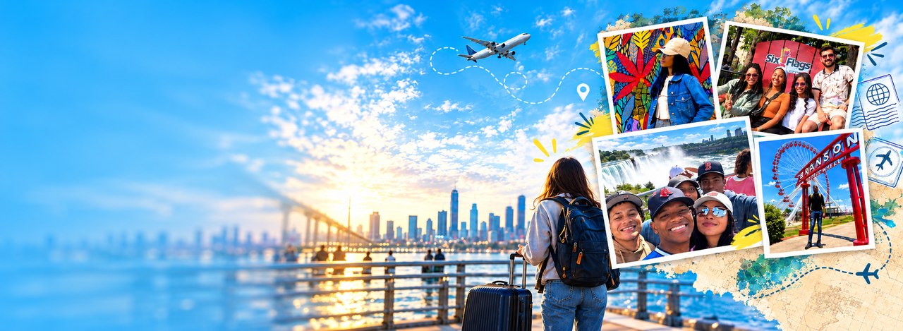 Travel collage with a traveler beside a city skyline at sunset, an airplane, and photographs at amusement parks and waterfalls.