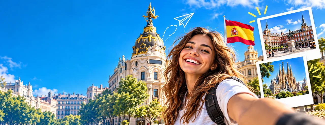 Joven viajera frente a la arquitectura de Madrid y fotografías de España, montaje ilustrativo