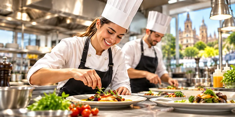 Profesionales preparando platos en una cocina, escena ilustrativa de práctica culinaria