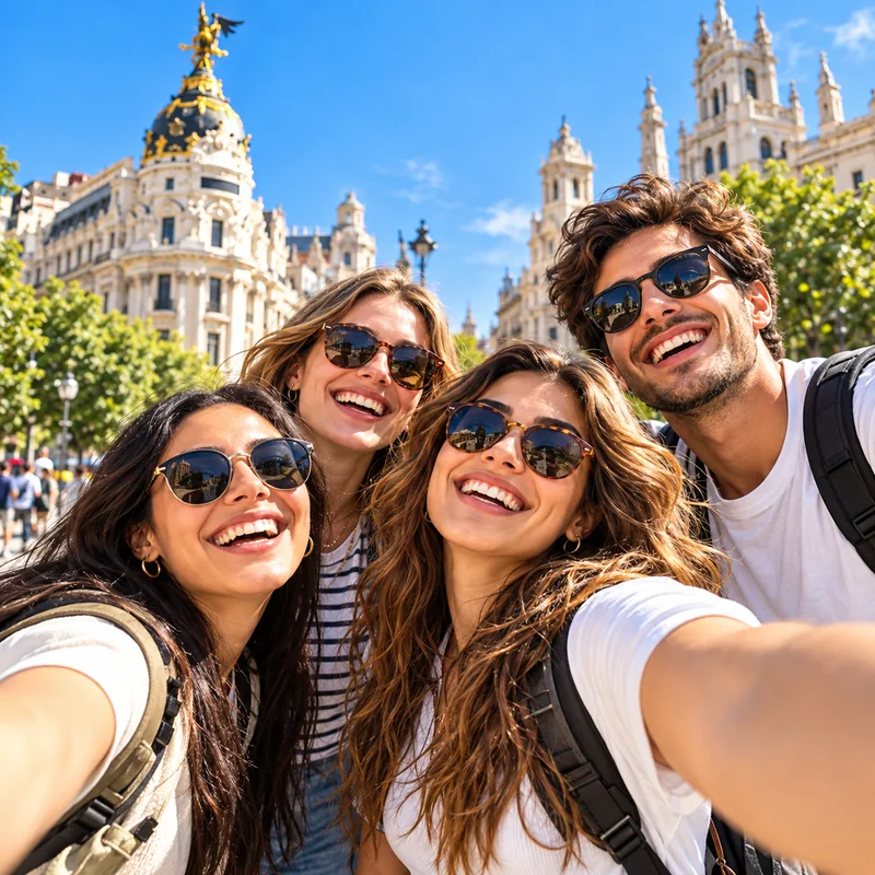 Amigos de viaje frente a edificios de Madrid, escena ilustrativa