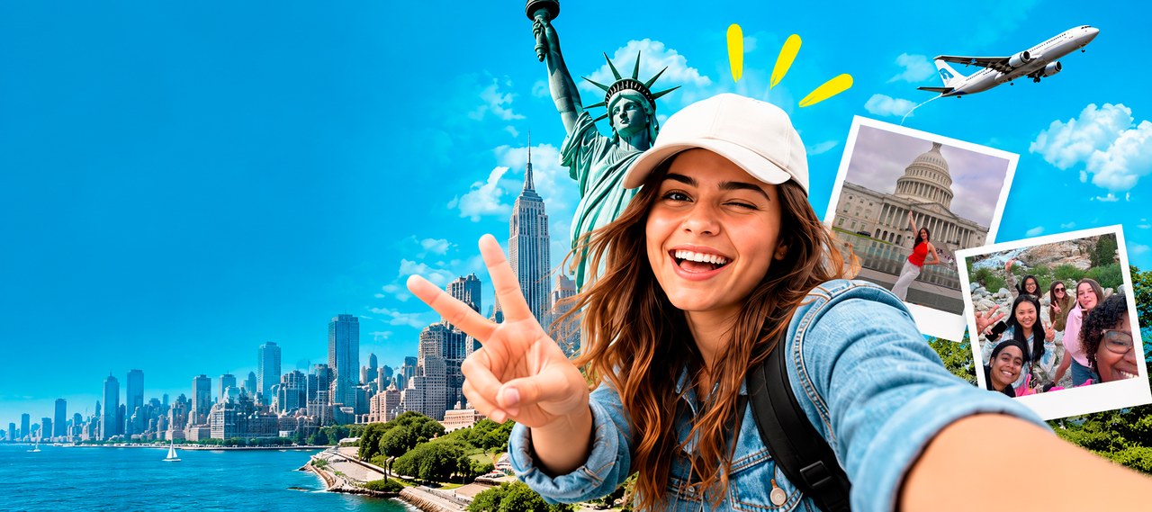 Montaje de una viajera en Nueva York, la Estatua de la Libertad, un avión y fotos de una visita al Capitolio y de un grupo de amigos.