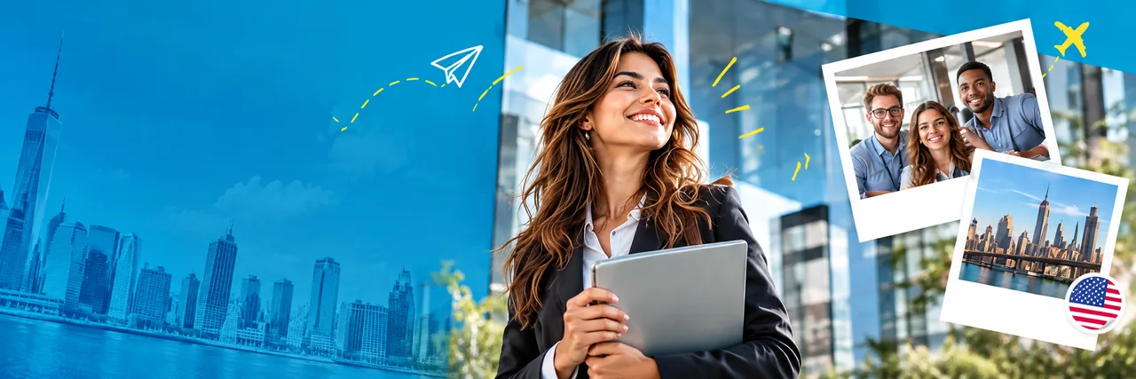 Illustrative image of a young professional with a tablet in an office setting in the United States