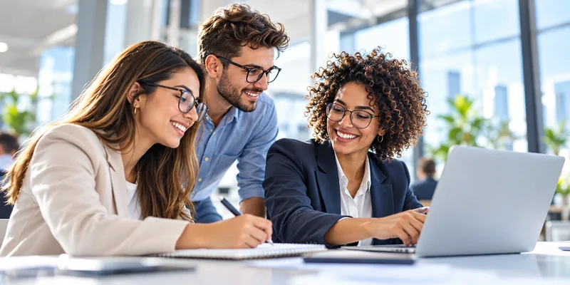 Team collaborating in an office, illustrative image